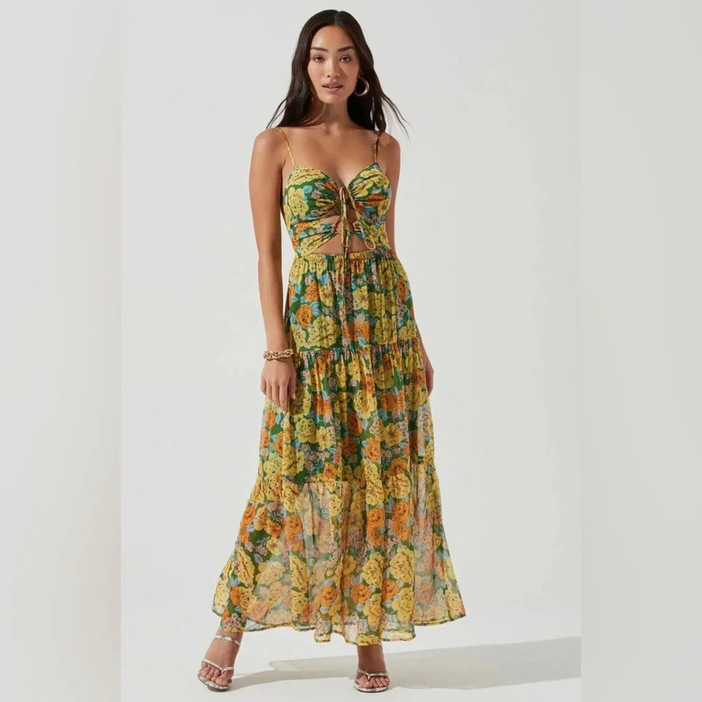 ASTR the Label Brandy Floral-Print Cutout Maxi Dress Yellow Green Size Small